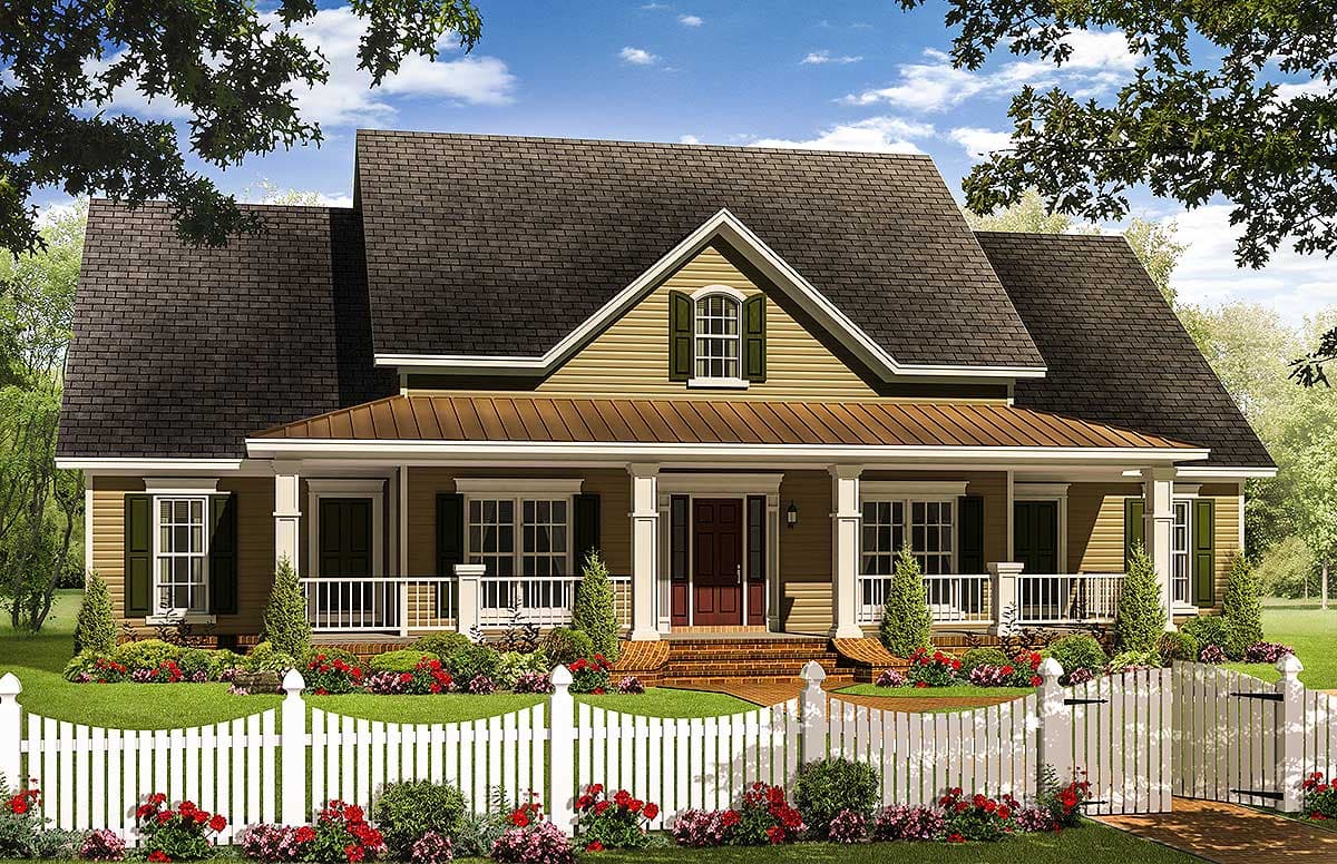House plan exterior with Craftsman style, single story, and a front porch with a gable roof, accented by shutters and a white picket fence.