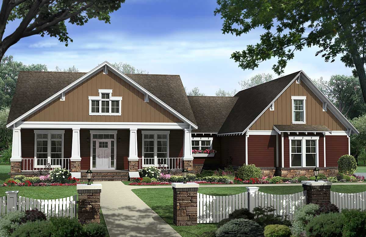 Modern Farmhouse house plan exterior with a wraparound porch, board and batten siding, gables, and stone accents.