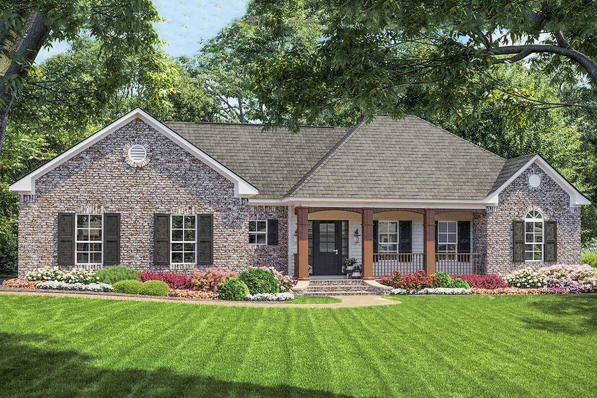 House plan exterior: One-story brick home with a covered front porch, gables, and arched window.