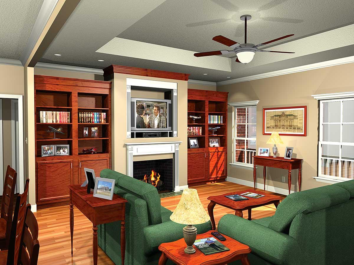 Living room interior rendering with built-in bookshelves, fireplace, TV, seating, and coffered ceiling.