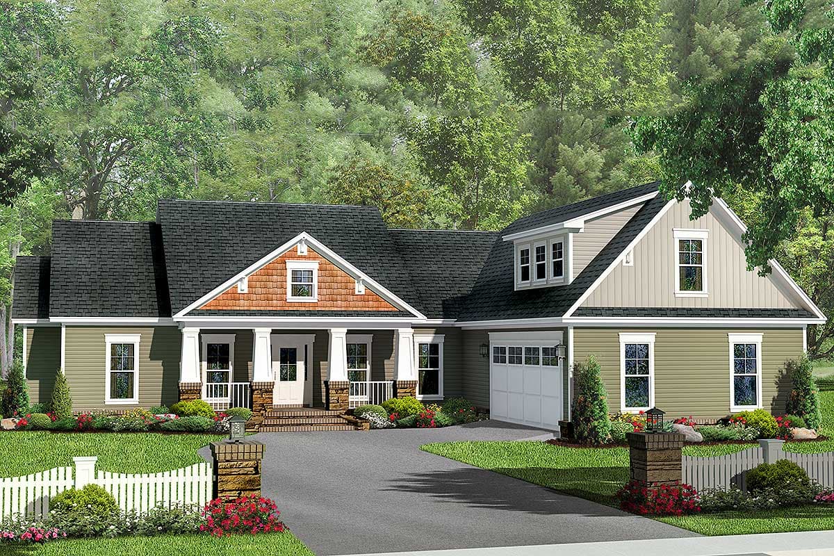 House plan exterior: One-story Modern Farmhouse with a covered front porch, prominent gable with cedar shingles, and an attached garage.