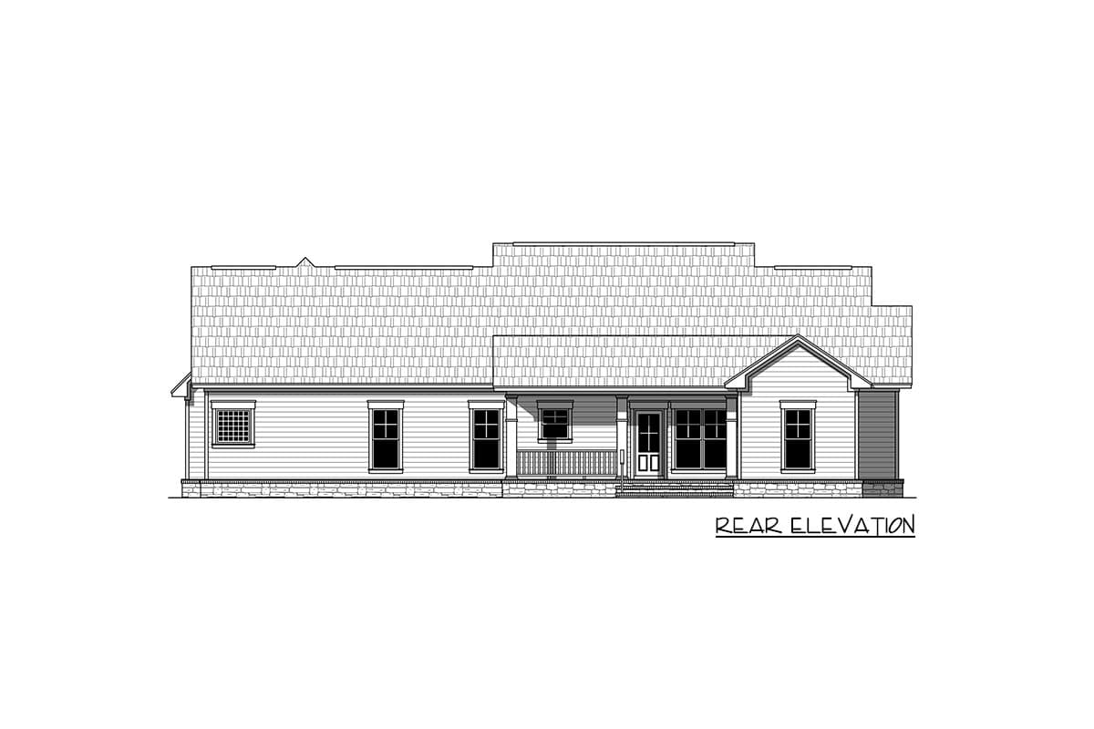 Rear elevation drawing of a single-story house plan with a gabled porch, double doors, and lap siding.