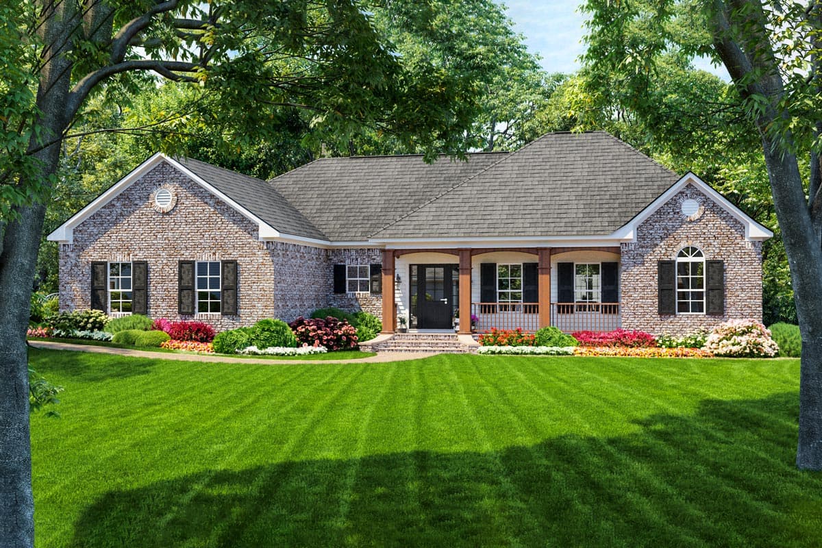 House plan exterior with brick facade, front porch with columns, gables, and shuttered windows. Single-story, traditional design.