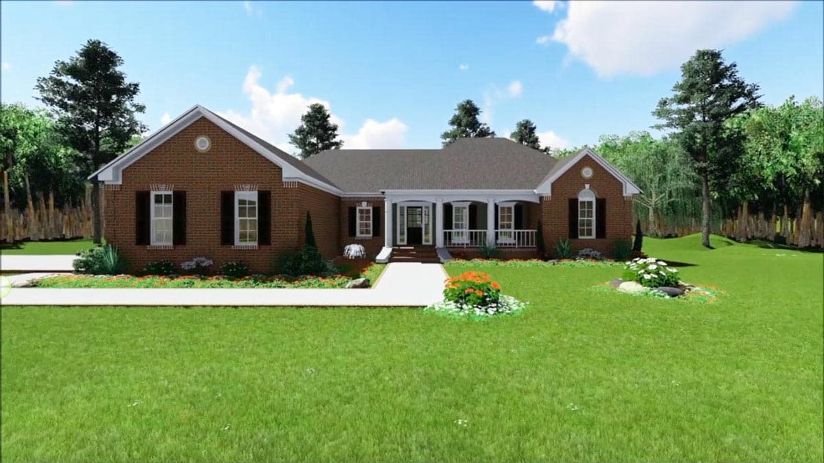 House plan exterior of a one-story brick home with a prominent covered porch, gable dormers, and symmetrical window placement.