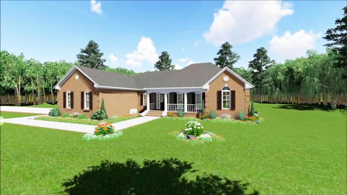 House plan exterior: Ranch style, brick construction, covered front porch with columns, gabled roofline, and multiple dormers.