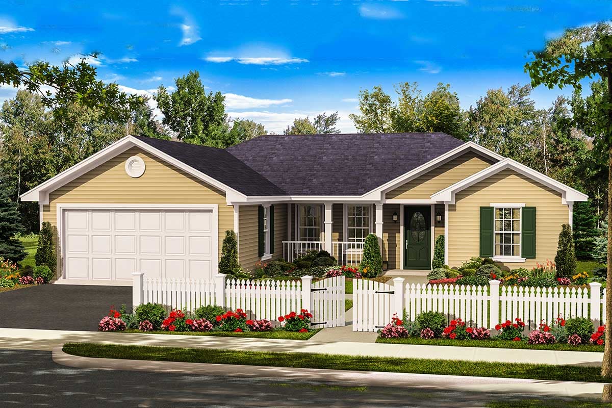 Ranch house plan exterior with a two-car garage, front porch, white picket fence, and gabled rooflines.