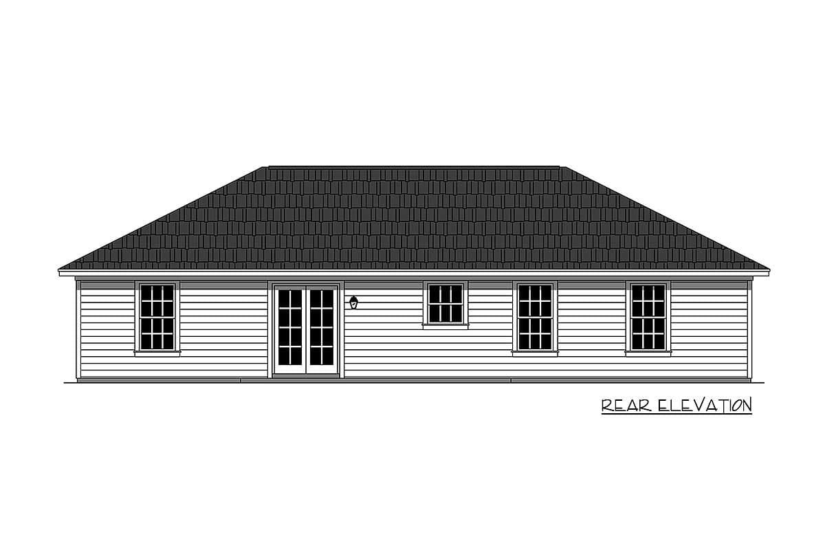 Rear elevation drawing of a single-story house with a gable roof, double doors, and four windows.