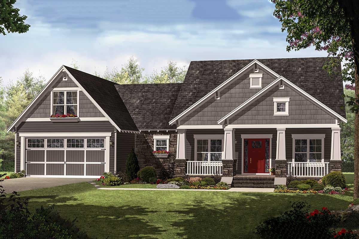 Craftsman house plan exterior with gabled dormers, stone and shake siding, a covered front porch, and a side-facing garage.