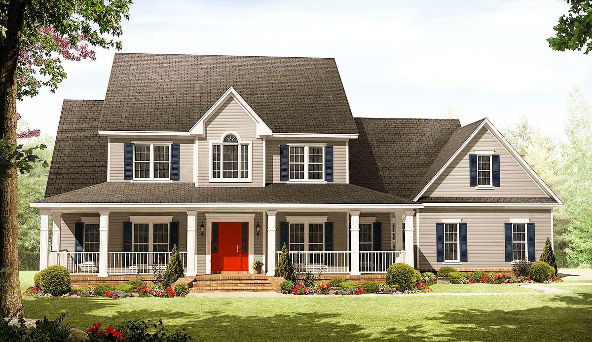 House plan exterior: Two-story traditional style with wraparound porch, dormers, and prominent front entrance.