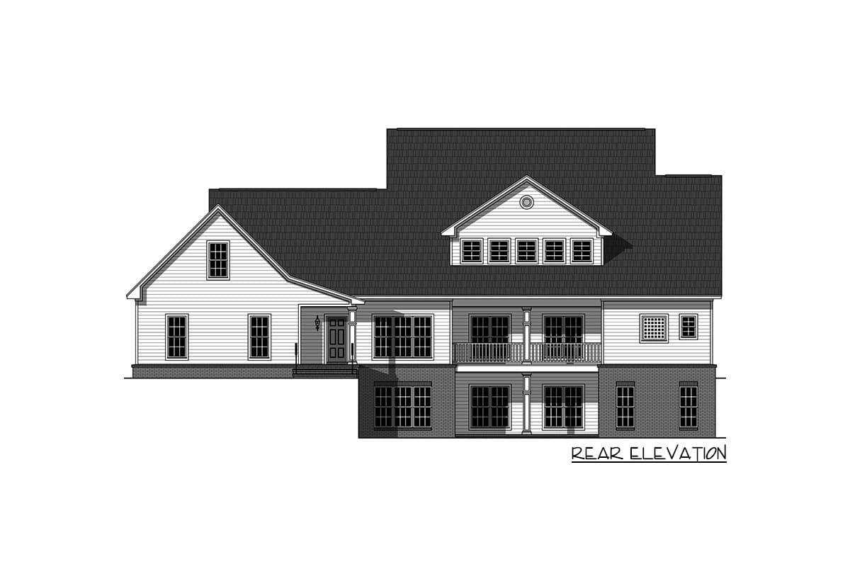 Rear elevation house plan showing a multi-story home with a large gabled dormer and a double-tiered covered porch.