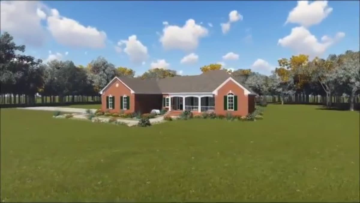 House plan exterior: Single-story brick house with a central covered porch, white columns, gables, and green shutters.