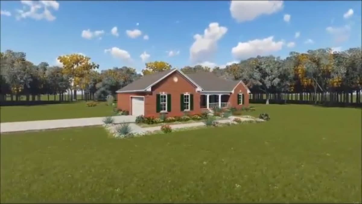 House plan exterior: Red brick ranch with a front-gabled entrance porch, attached garage, and symmetrical window placement.