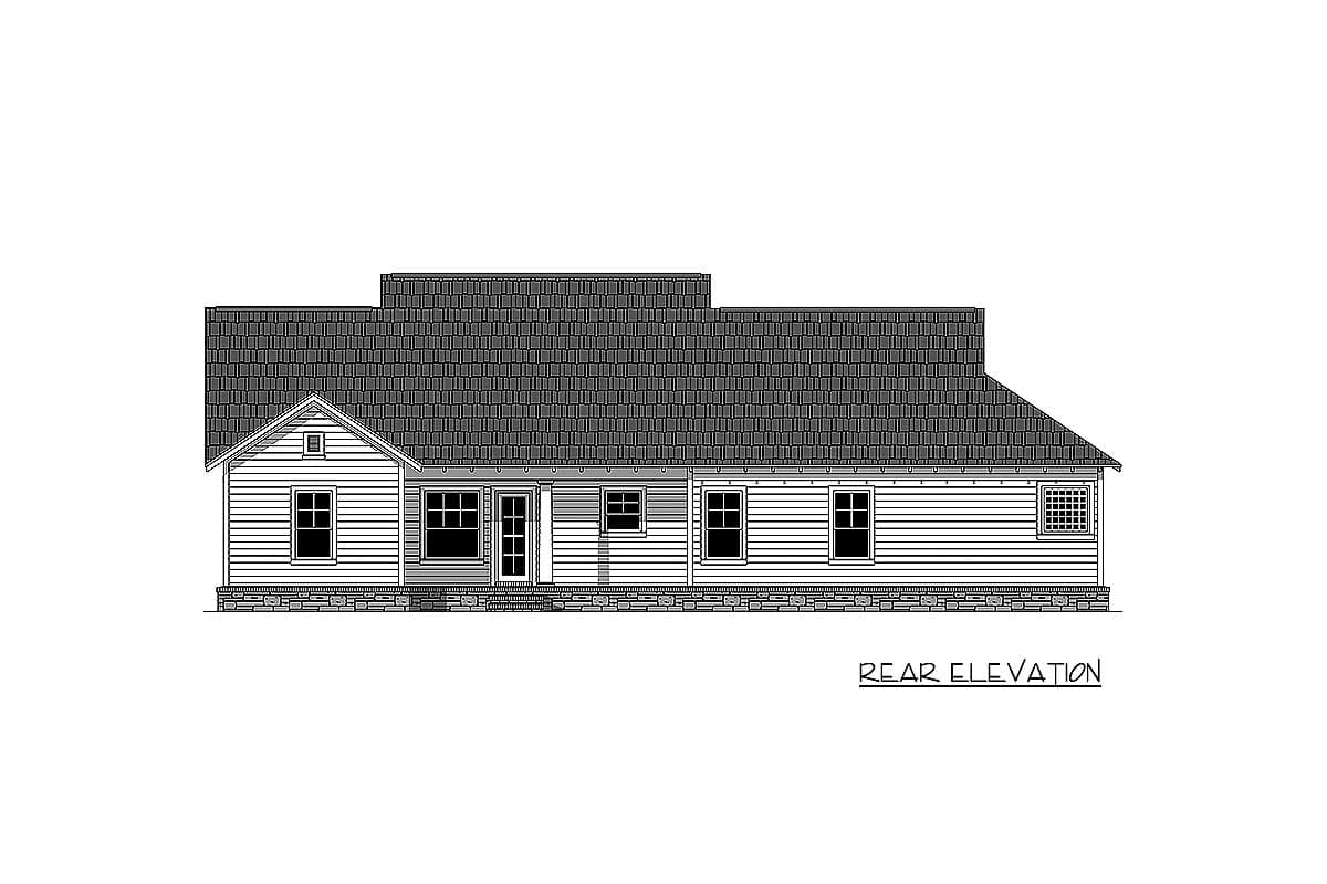 Rear elevation drawing of a one-story house with a gabled front section, horizontal siding, and stone foundation.