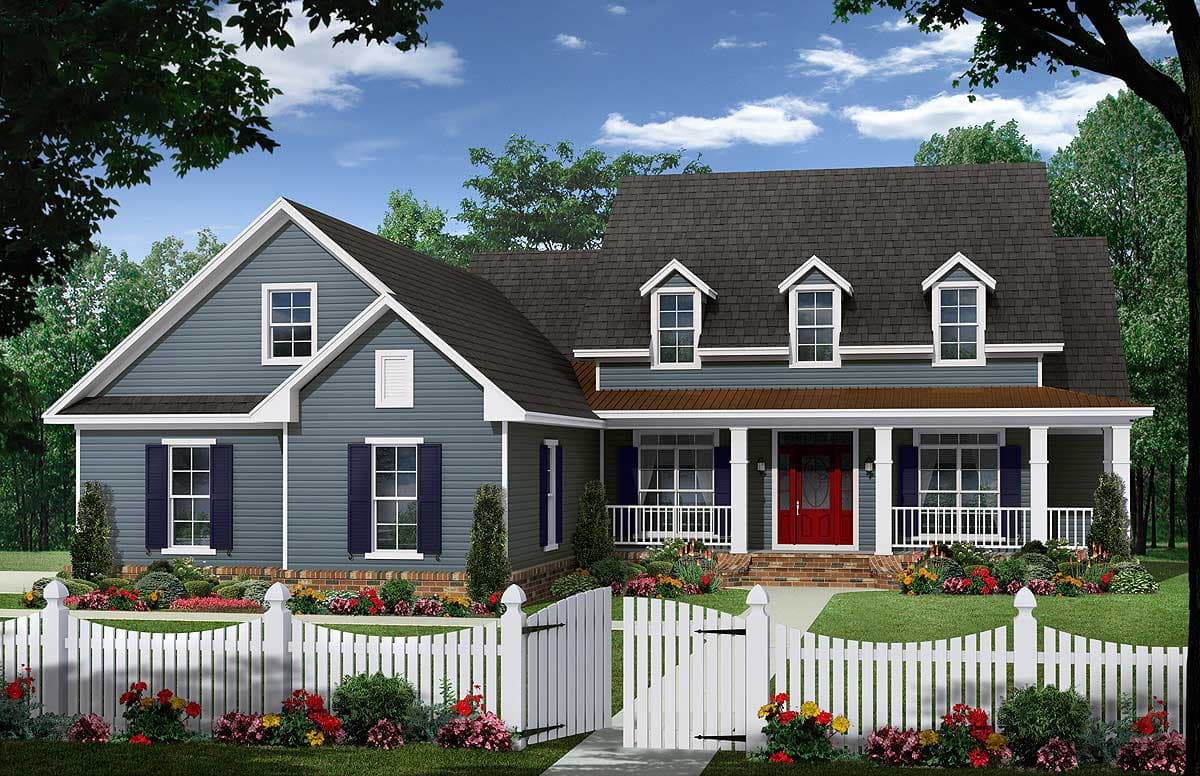 House plan exterior: Two-story blue home with a wraparound porch, multiple gables, dormers, and a white picket fence.