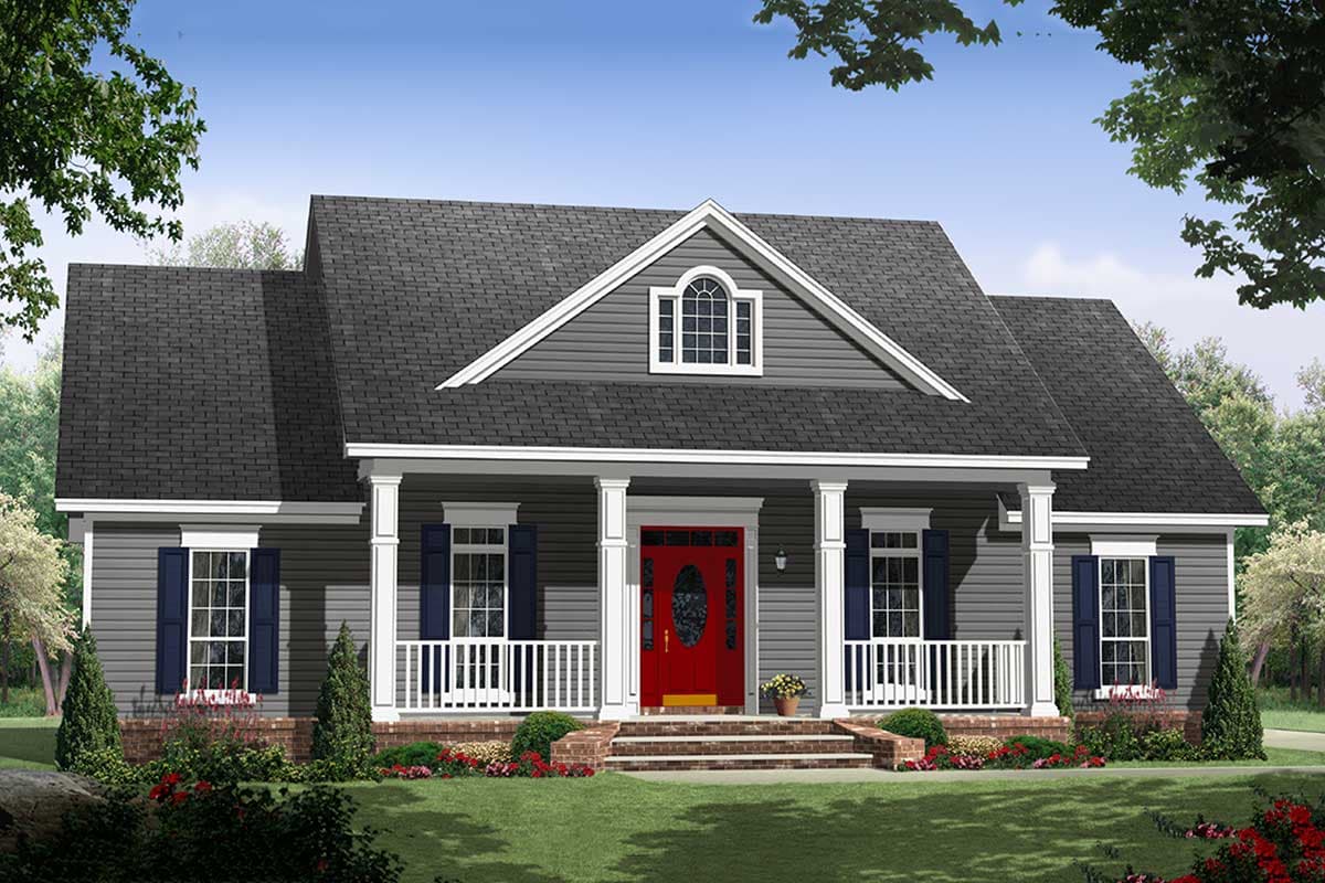 House plan exterior: One-story home with a covered front porch supported by columns, gable dormer, and blue shutters.