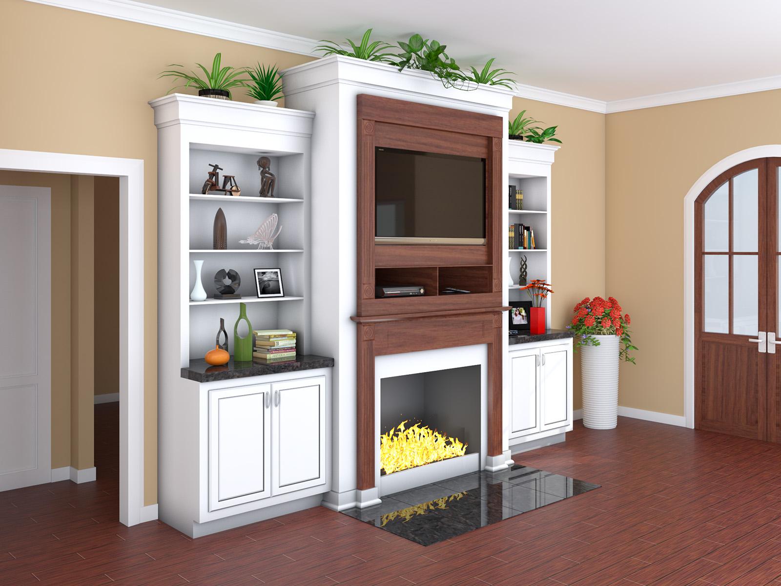 Living room fireplace with built-in bookshelves flanking, media console above, and white cabinets below.