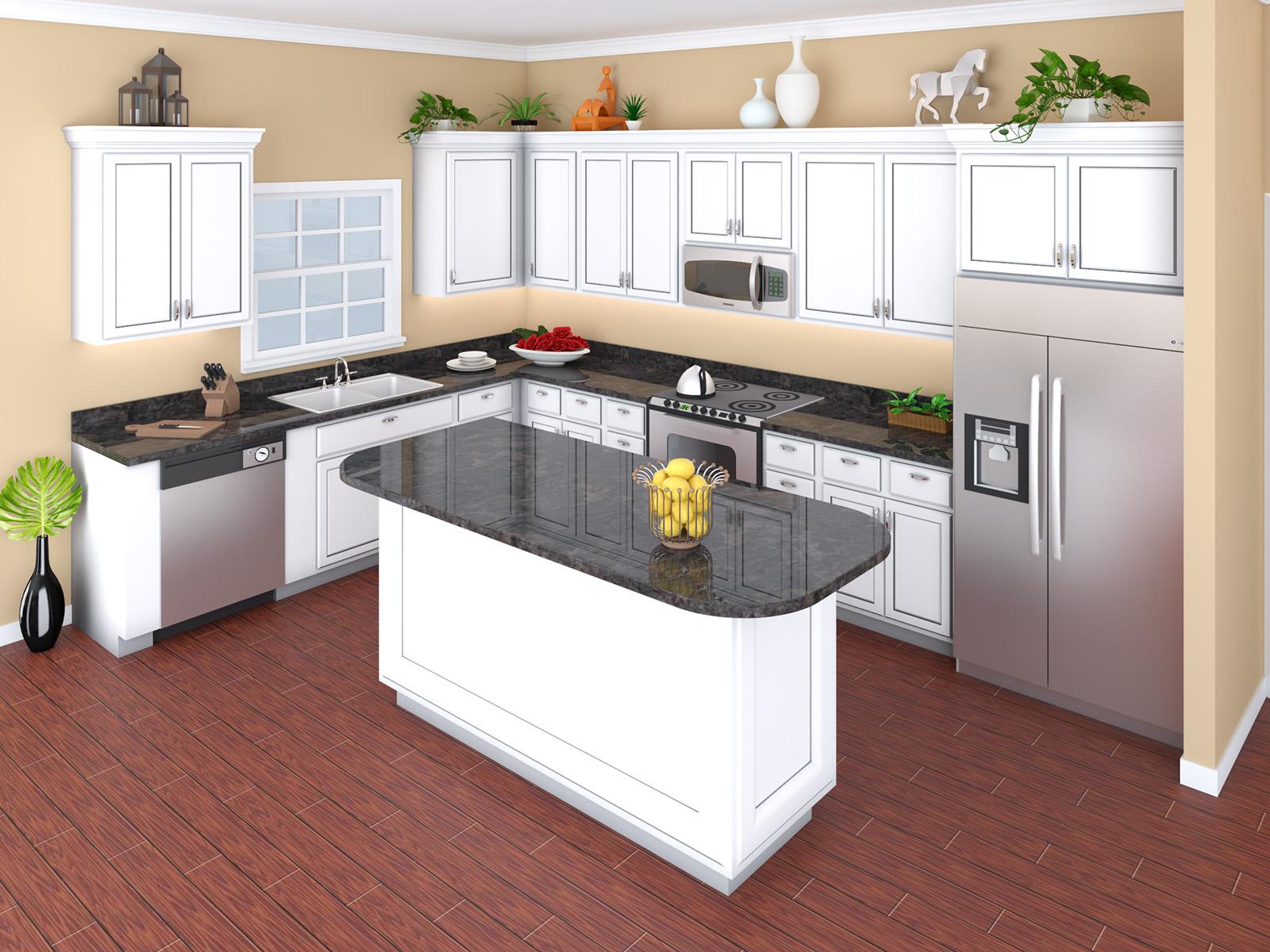Kitchen with white cabinets, granite countertops, a central island, stainless steel appliances, and dark wood flooring.