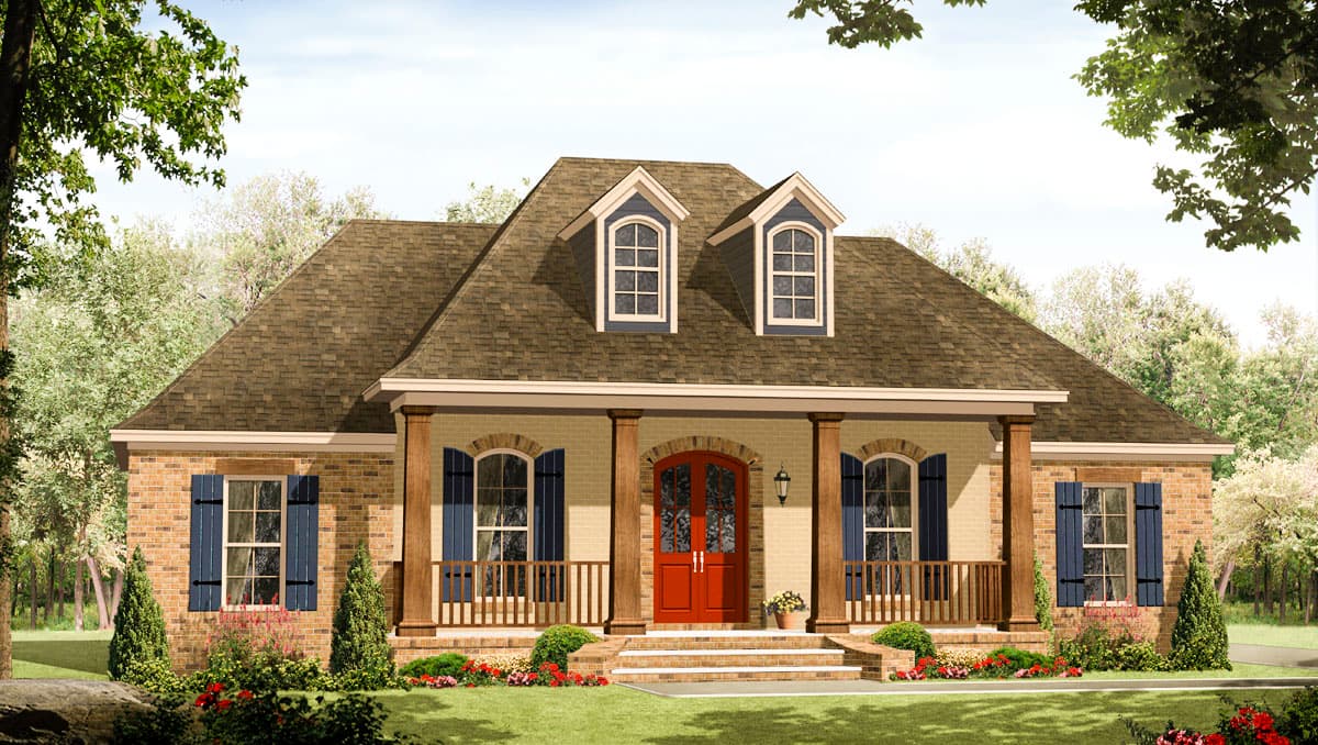 House plan exterior: One-story brick home with a covered porch, arched windows, dormers, and a hipped roof.