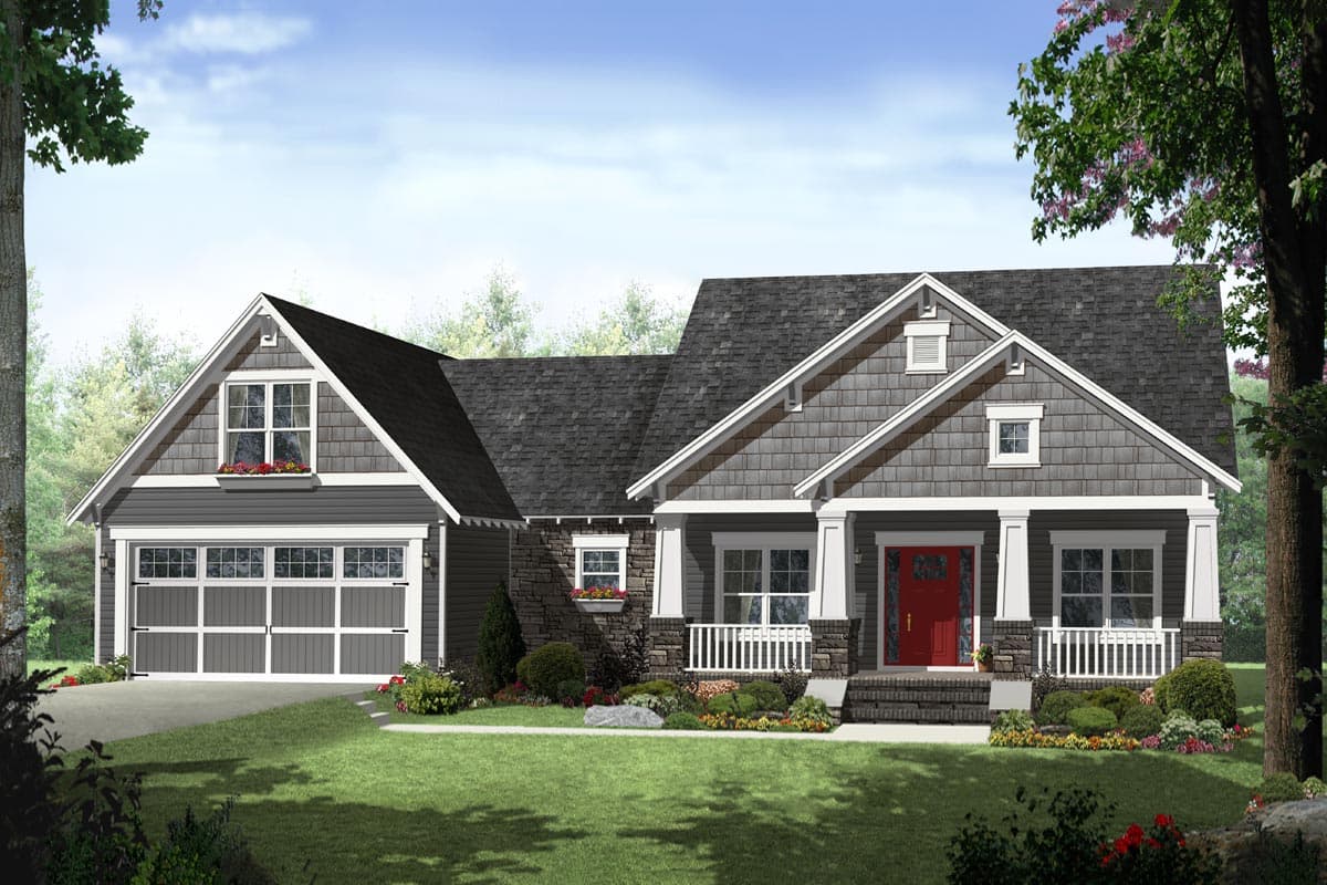 Craftsman style house plan exterior with a prominent front porch, dormer window, gabled roof, and attached garage.