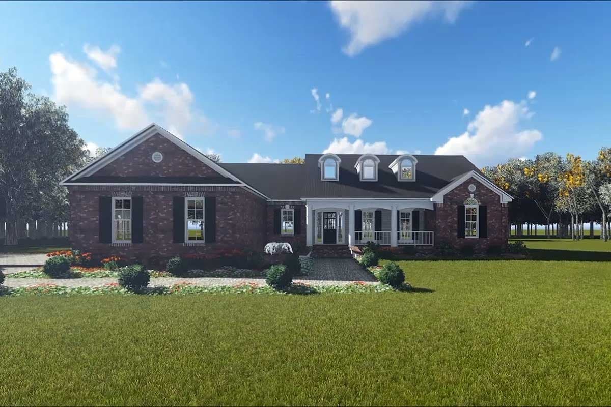 House plan exterior: Brick, single-story home with front porch, three dormers, and a gable roof.
