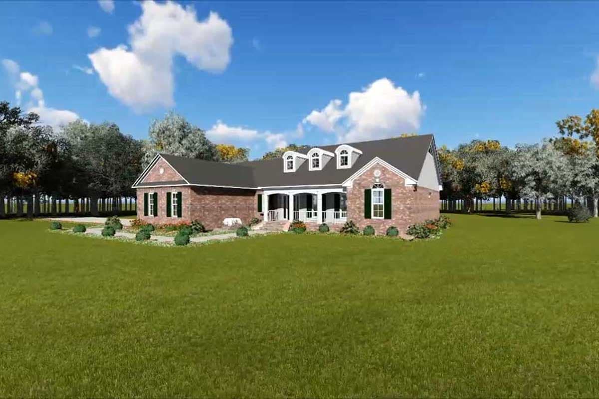 House plan exterior: Brick ranch with a covered front porch, dormers on the roof, and a side-entry garage.