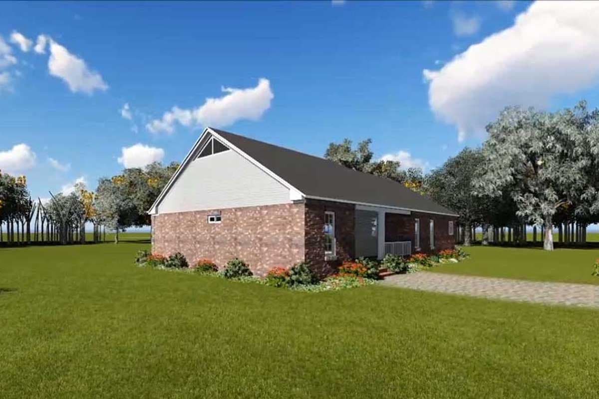 House plan exterior view of a single-story brick home with a prominent gable end, covered porch, and symmetrical window placement.