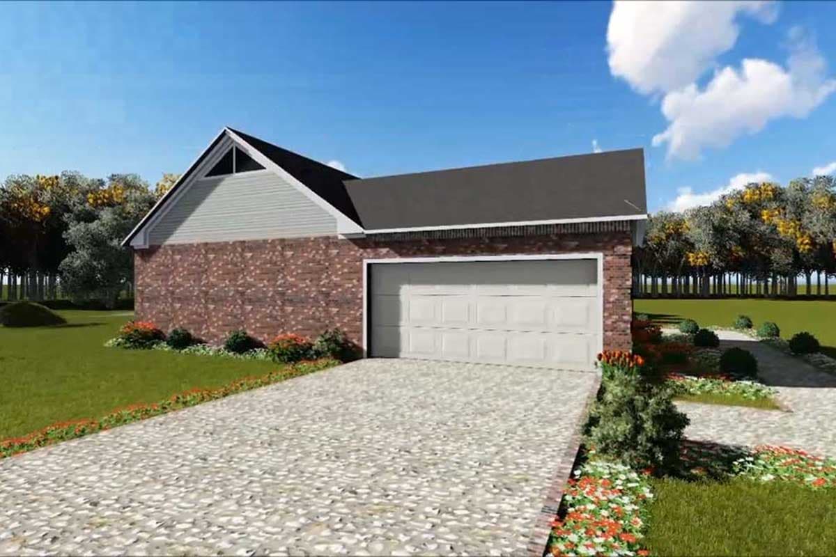 House plan exterior of a one-story home with a brick facade, gable end with vinyl siding, and a large garage door.