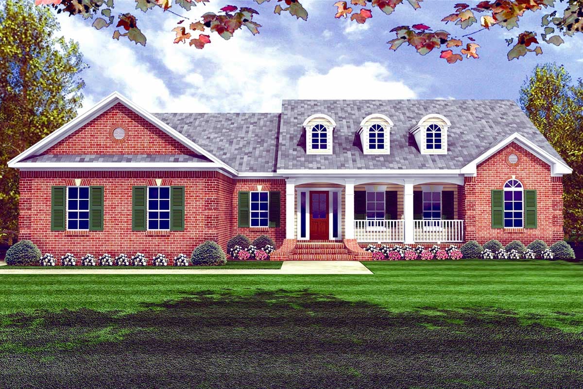 House plan exterior: Brick two-story with gabled front, covered porch with columns, and dormer windows.