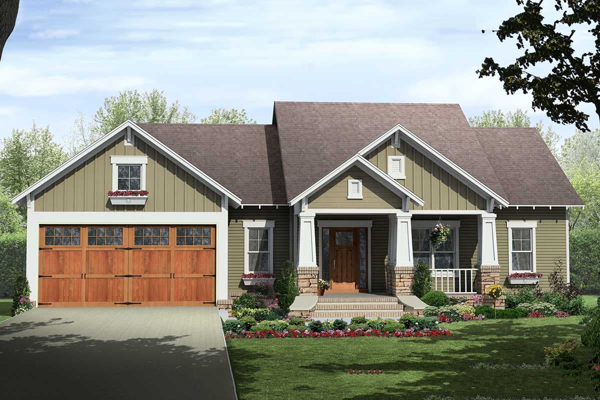 Craftsman house plan exterior with a one-car garage, covered front porch, multiple gables, and stone accents.