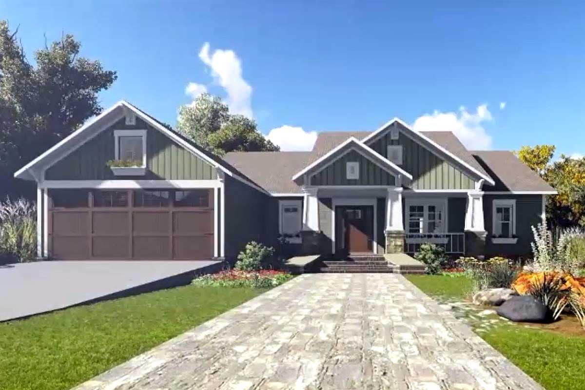 House plan exterior: Craftsman style, one story, with gabled dormer, covered front porch, and attached garage.