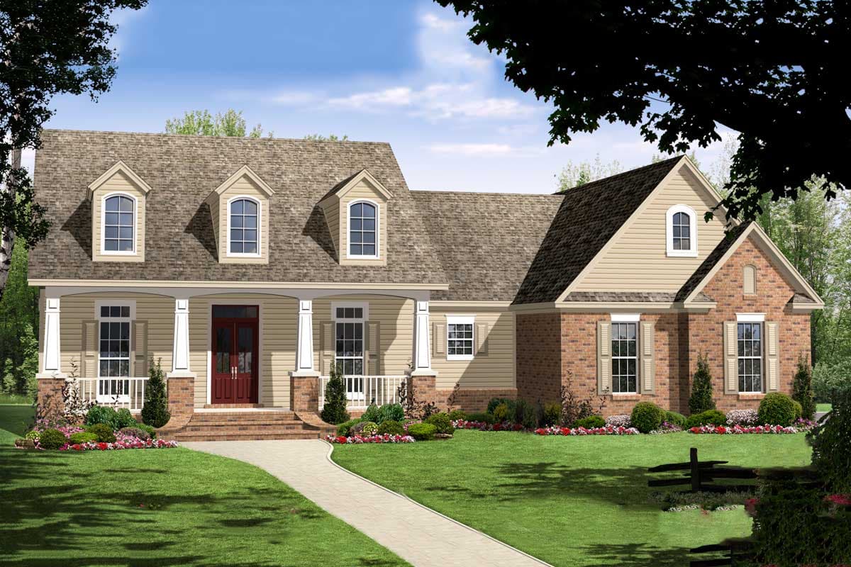 House plan exterior with a covered porch, dormer windows, and a mix of siding and brick.