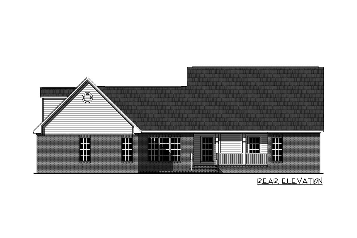 Rear elevation drawing of a one-story house with a gabled dormer, brick base, and covered porch.