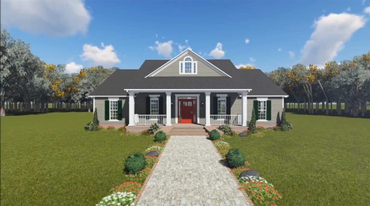 House plan exterior: Ranch style, one story, with covered porch, central gable, dormer, and double garage.