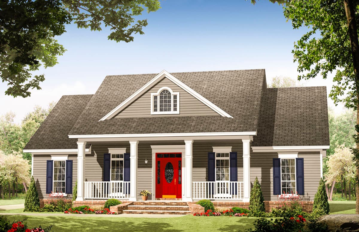 House plan exterior featuring a one-story Ranch style with a covered front porch, dual gables, and a dormer with an arched window.
