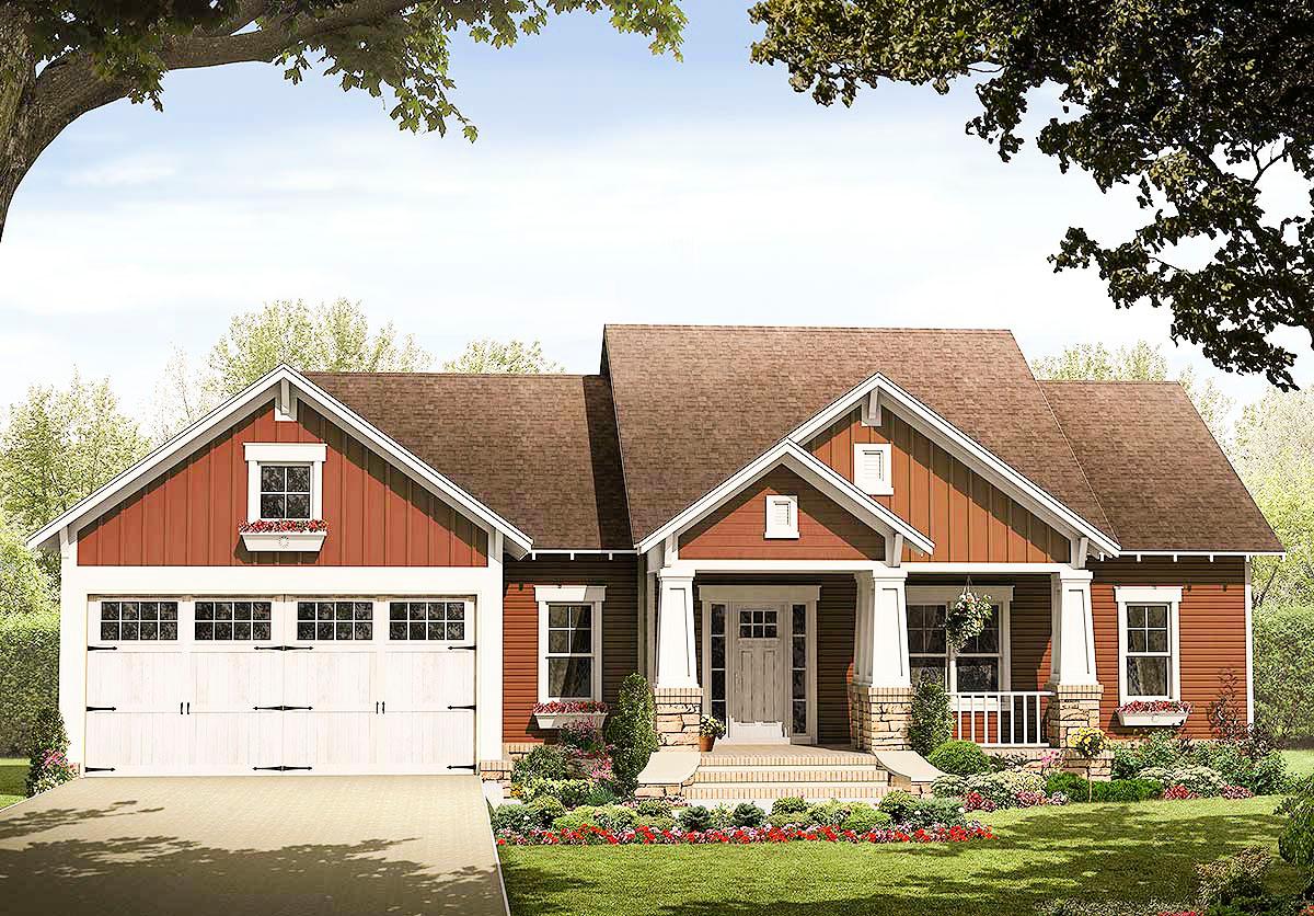 House plan exterior: Craftsman style, one-story, with a front porch, gables, dormers, and a side-facing garage.
