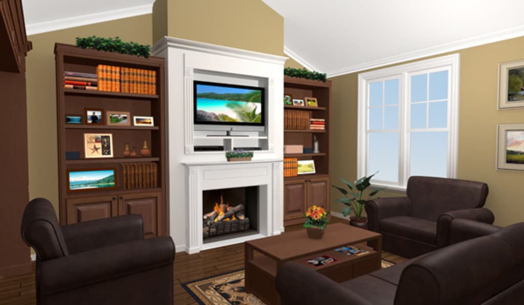Living room interior rendering with fireplace, entertainment center, built-in bookshelves, and seating.