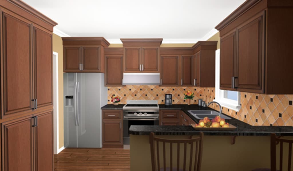 Kitchen with dark wood cabinets, stainless steel refrigerator, range, sink, and granite countertops. Diagonal tile backsplash.