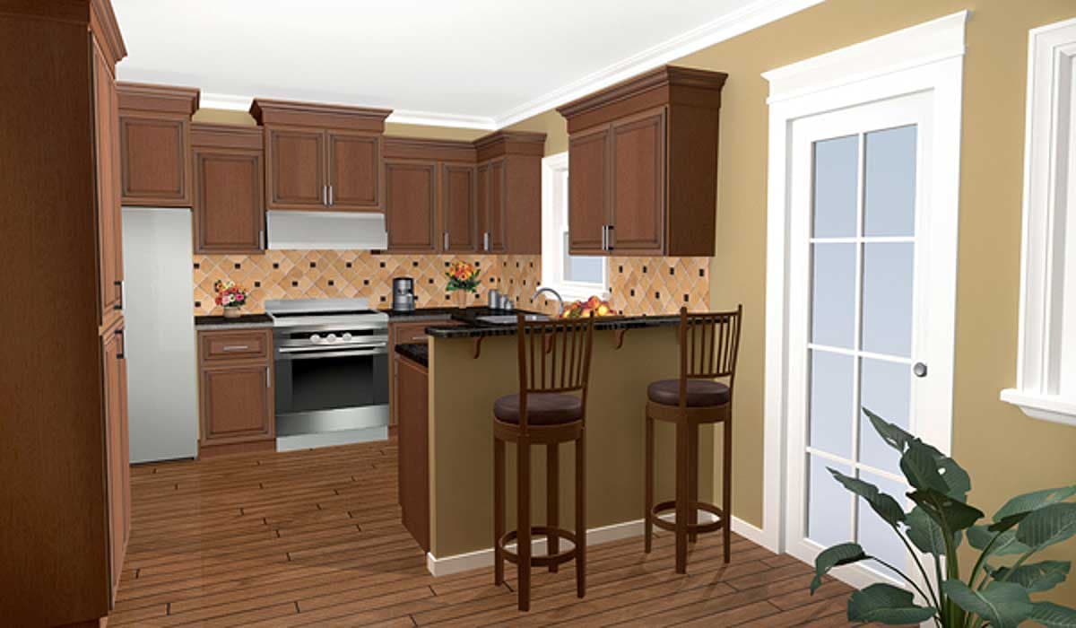 Kitchen with dark wood cabinets, stainless steel appliances, granite countertops, island with bar seating, and hardwood floors.