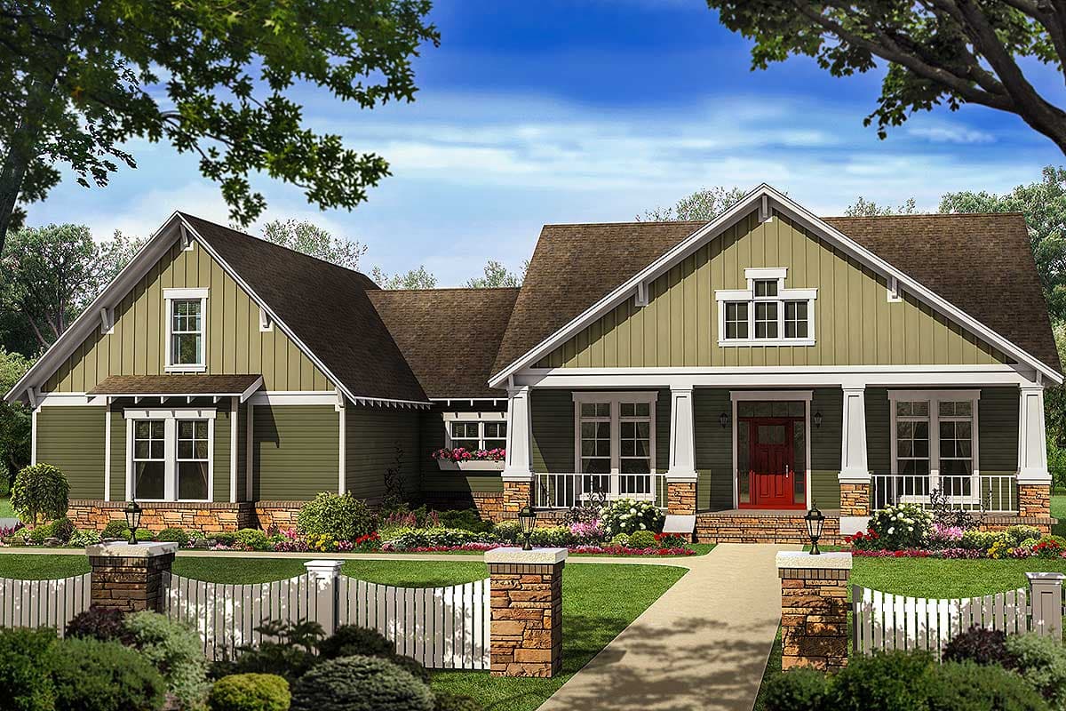 House plan exterior: Single-story Modern Farmhouse with gabled dormers, a covered front porch, and board and batten siding.