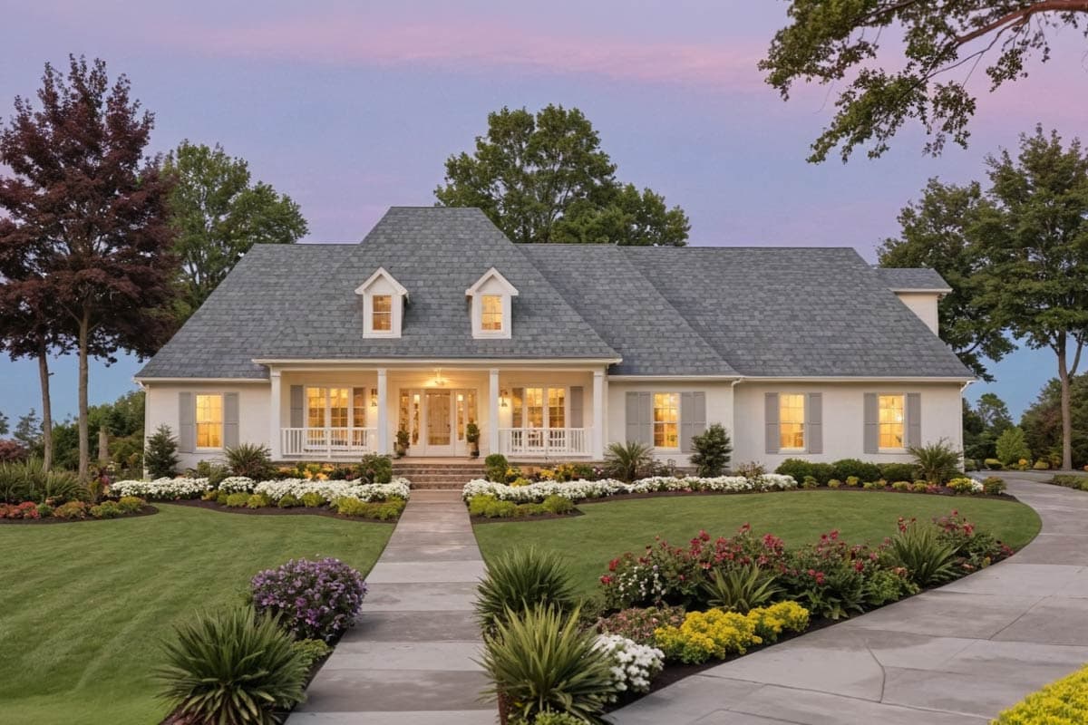 House plan exterior of a one-story home with a prominent front porch, dormers, and a symmetrical roofline.