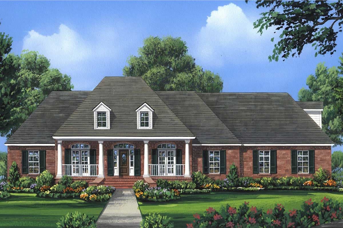 House plan exterior: One-story brick home with a central covered porch supported by columns, dormers, and a hip roof.
