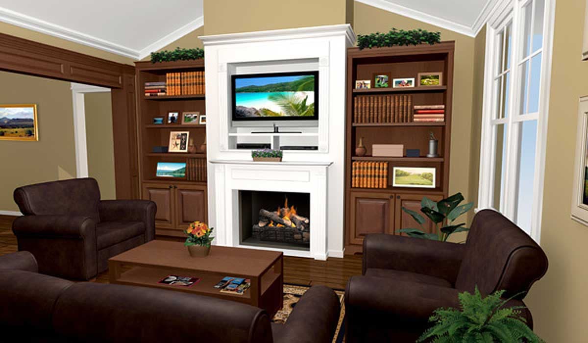 Living room with fireplace, built-in bookshelves, television, and plush seating.