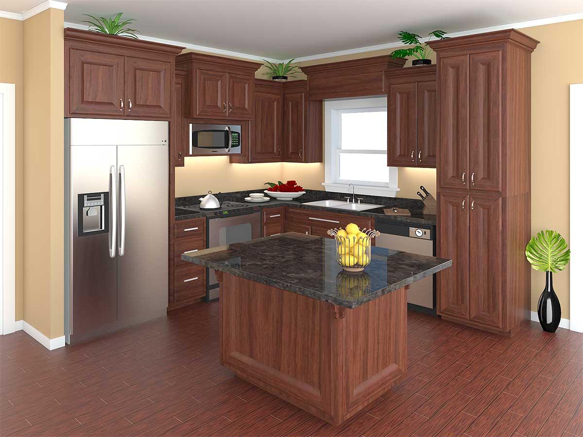 Kitchen with dark wood cabinets, stainless steel appliances, granite countertops, and a central island.