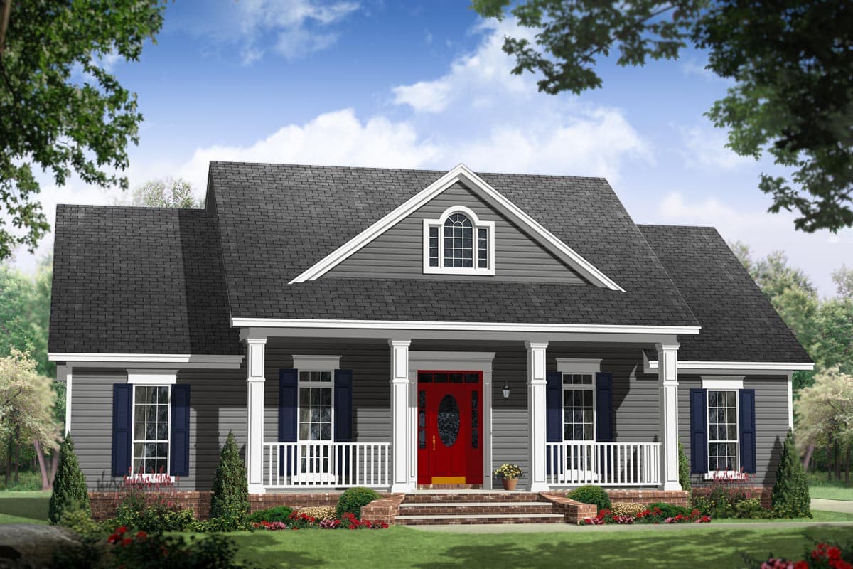 House plan exterior: Traditional-style one-story home with covered front porch, symmetrical windows, and arched dormer.