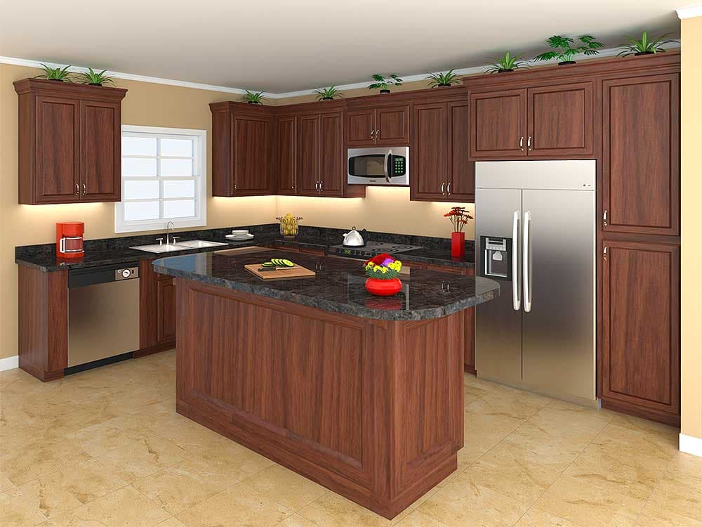 Kitchen with dark wood cabinets, granite countertops, center island, stainless steel appliances, and tile flooring.
