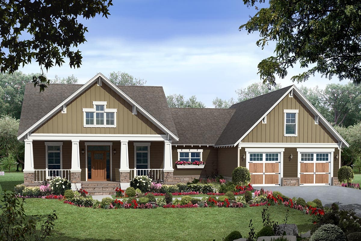 House plan exterior of a one-story Modern Farmhouse with a covered front porch, gables, and a three-car garage.