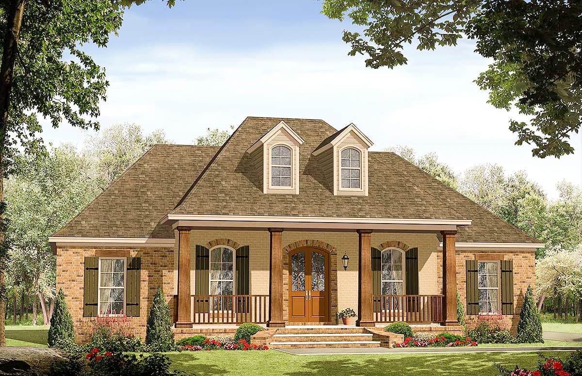 House plan exterior: One-story traditional home with brick facade, covered porch, double entry doors, and two dormer windows.