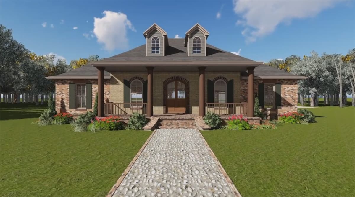 House plan exterior: one-story brick home with a covered porch, arched entryway, and two dormer windows.