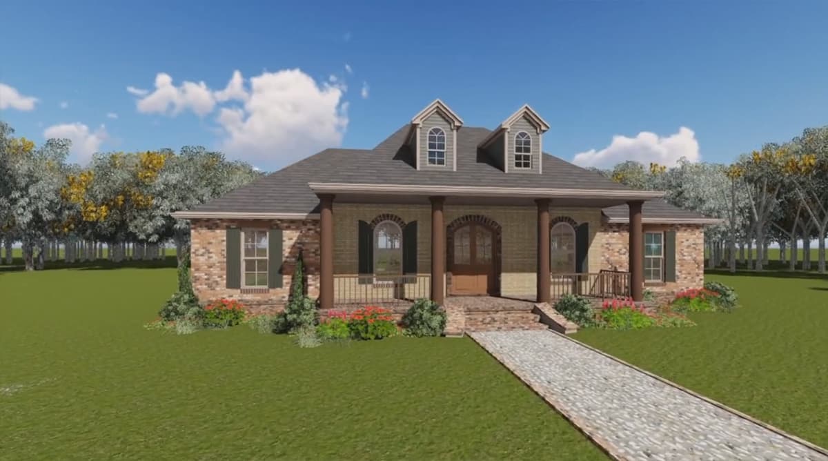 House plan exterior: One-story brick home with a covered front porch, Doric columns, arched windows, and two gables with dormers.