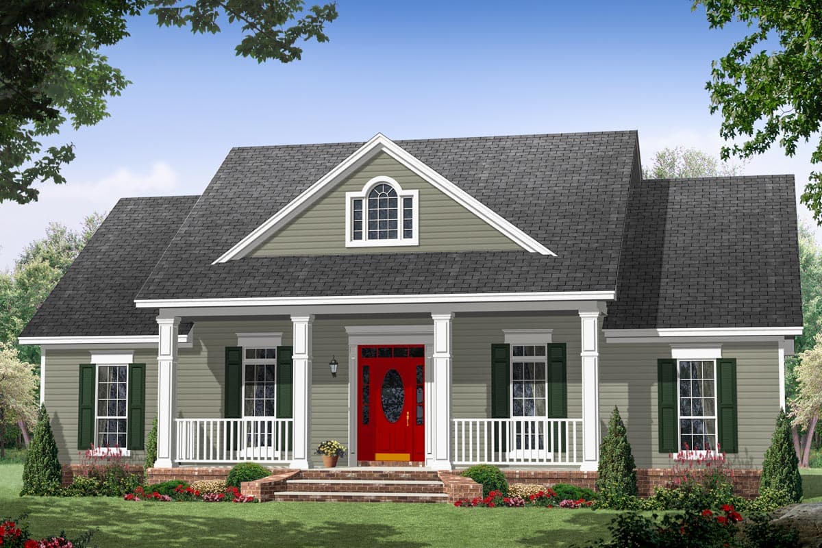 House plan exterior of a one-story home with a gabled front, full-width covered porch with white railings, and a central arched dormer.